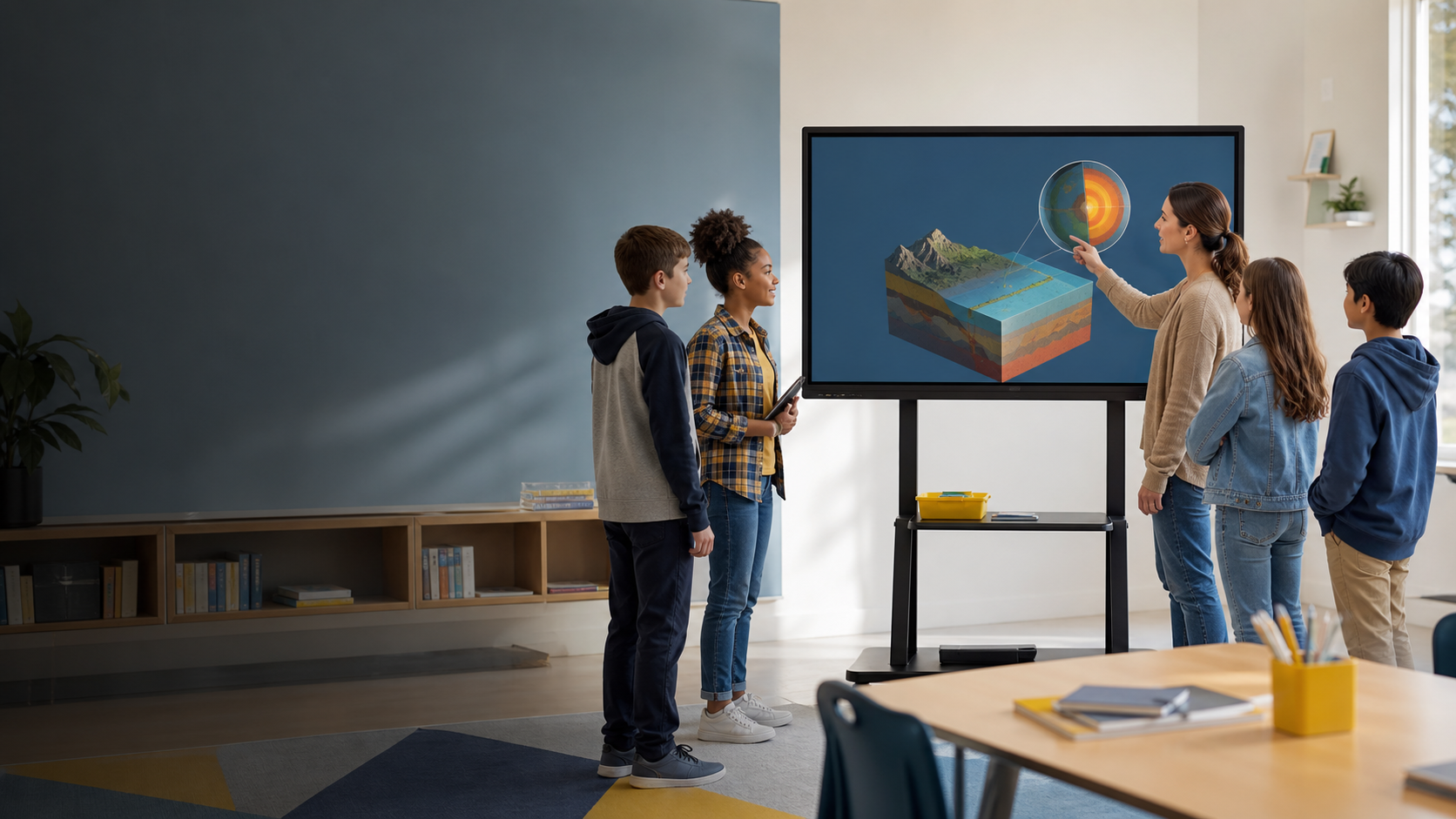 Teacher presenting with an interactive board on a mobile stand