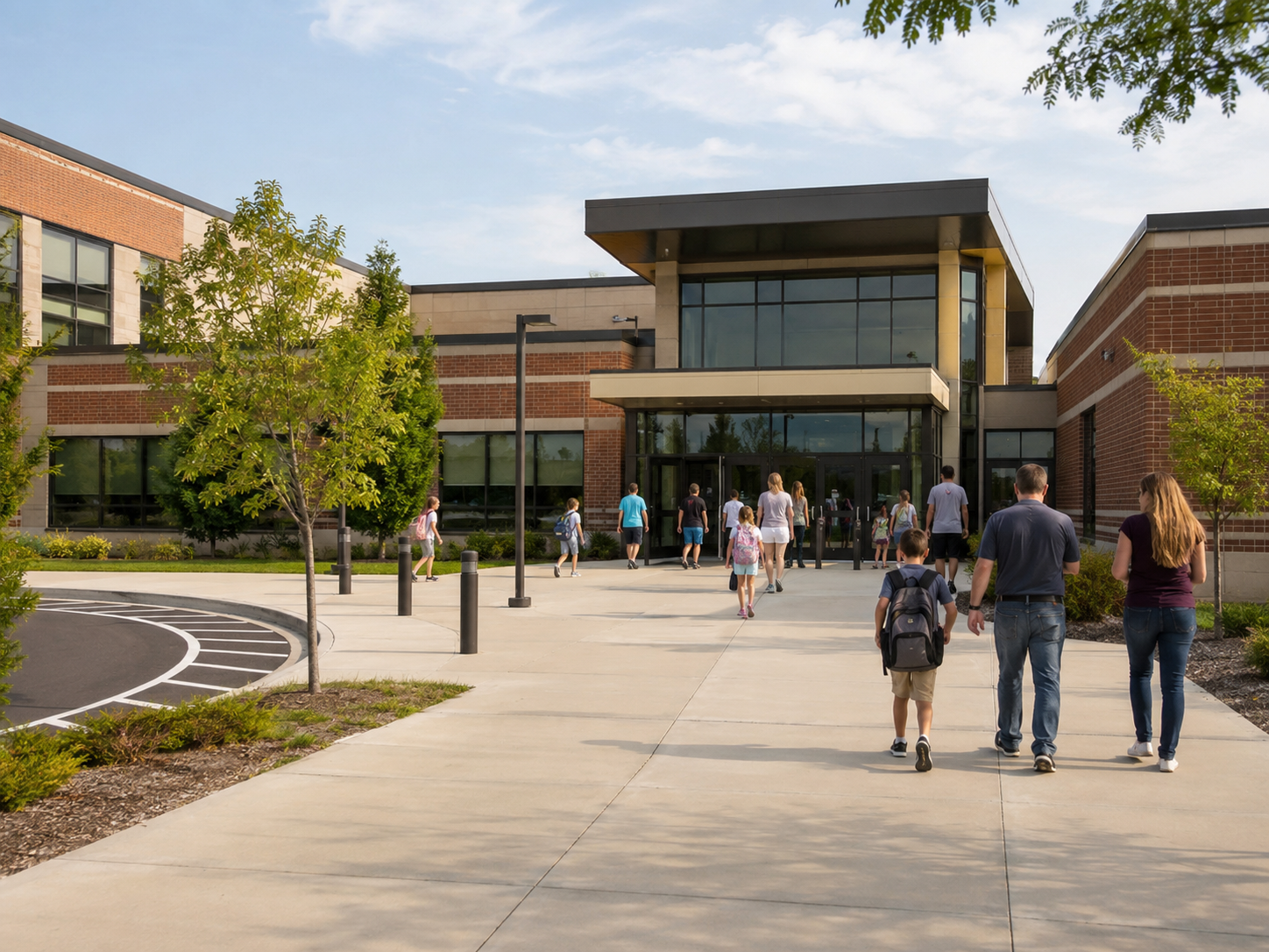 Students and parents arriving at school for the new school year