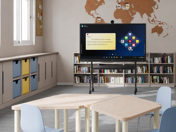 A modern classroom equipped with an interactive smart board on a mobile stand