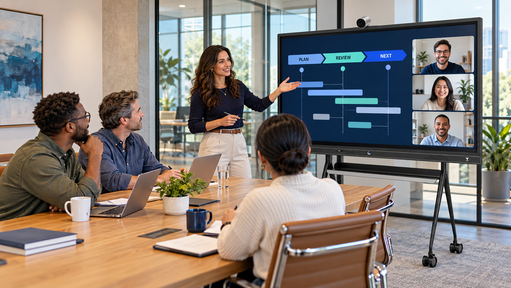 Hybrid team reviewing a project plan with remote colleagues on a Tiburn interactive display