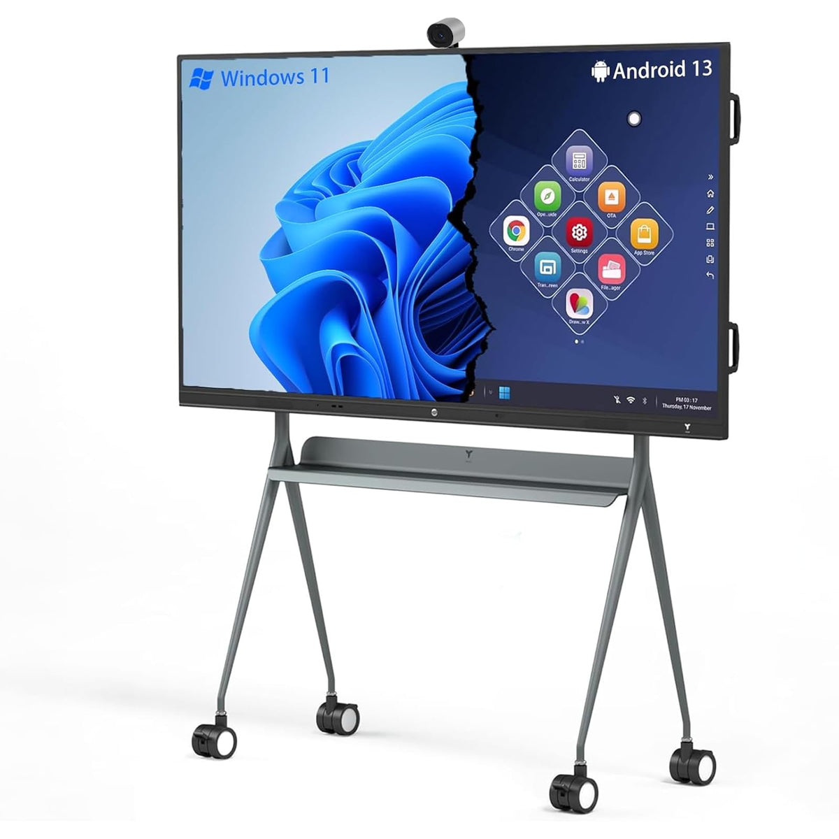 شاشة TIBURN HQ Board مقاس 75 بوصة طراز R3 MAX بنظام تشغيل مزدوج أندرويد وWindows 11 Pro، مع كاميرا وحامل متحرك